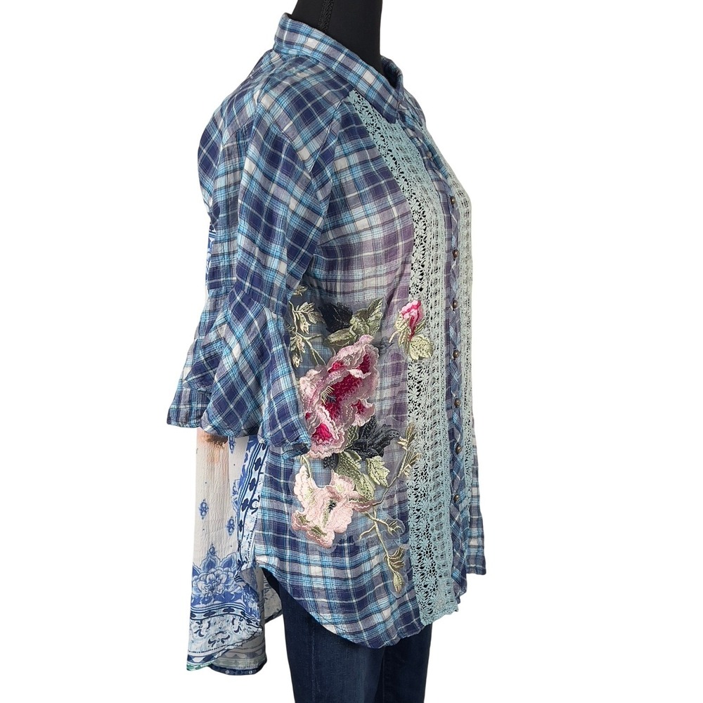 Aratta Silent Journey Plaid‎ Button Up Top Floral Embroidery Bell Sleeve M Lace